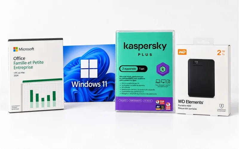 Kaspersky Plus, Microsoft Office Famille et Petite Entreprise 2024, Windows 11 et disque dur portable WD Elements 2 To, présentation issue de la photo fournie par Digital-Buro